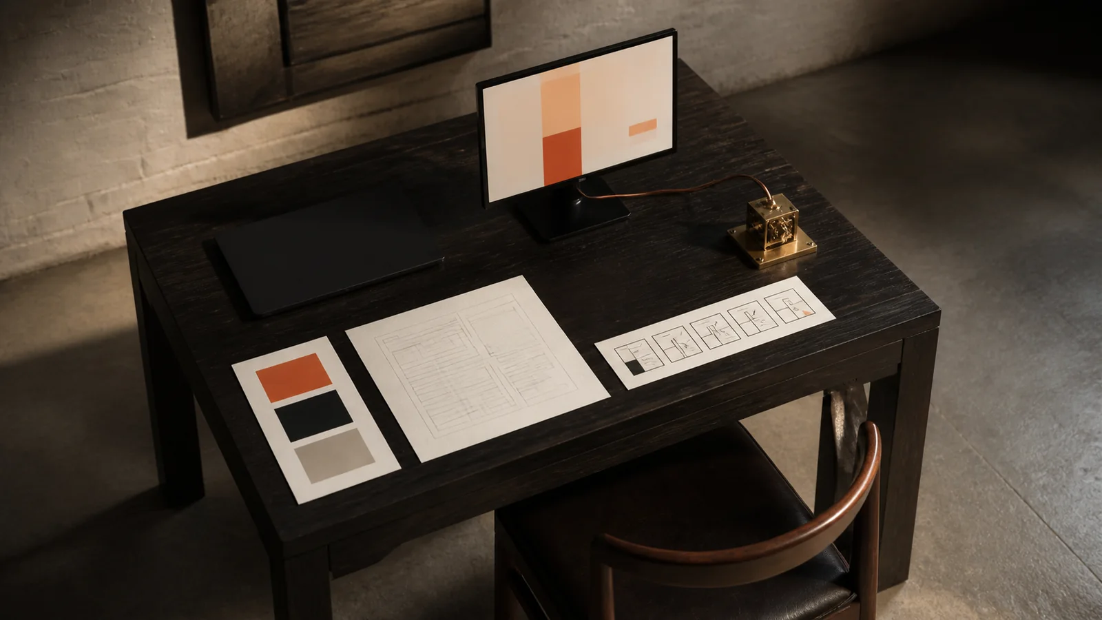 A compact single-chair worktable connects brand, web, content, and automation artifacts