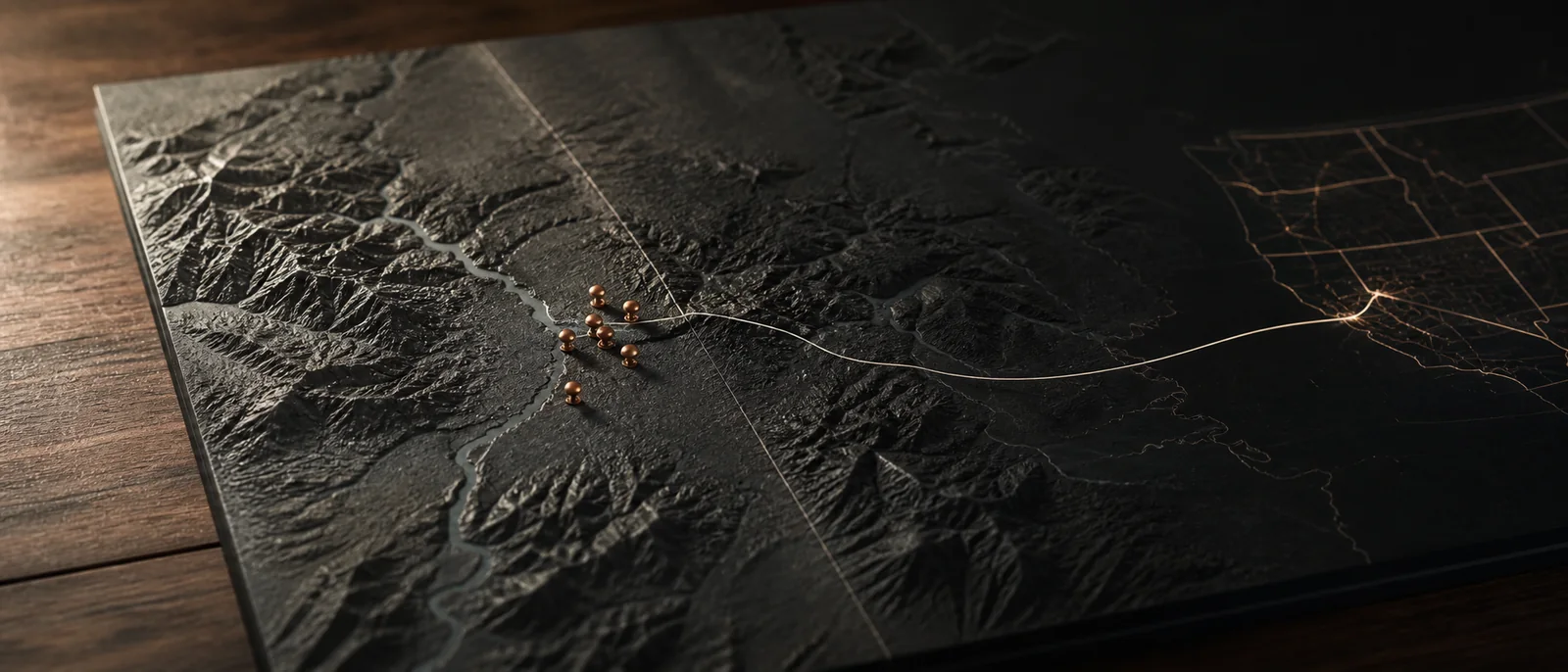 A tactile river-valley map connects seven Inland Northwest service points to a nationwide grid