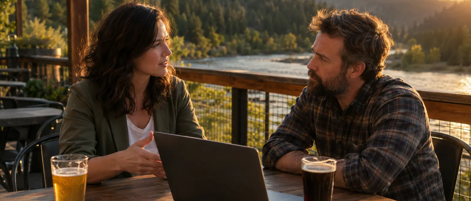 A consultant meets a business owner on a riverside brewery patio, laptop open, pine-covered hills behind