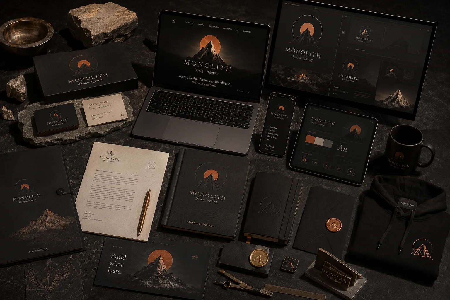 Monolith brand and business assets laid out in order