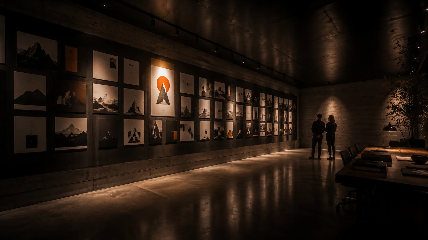 Two team members reviewing a long wall of pinned campaign frames in a dark studio, one artboard lit in solar orange