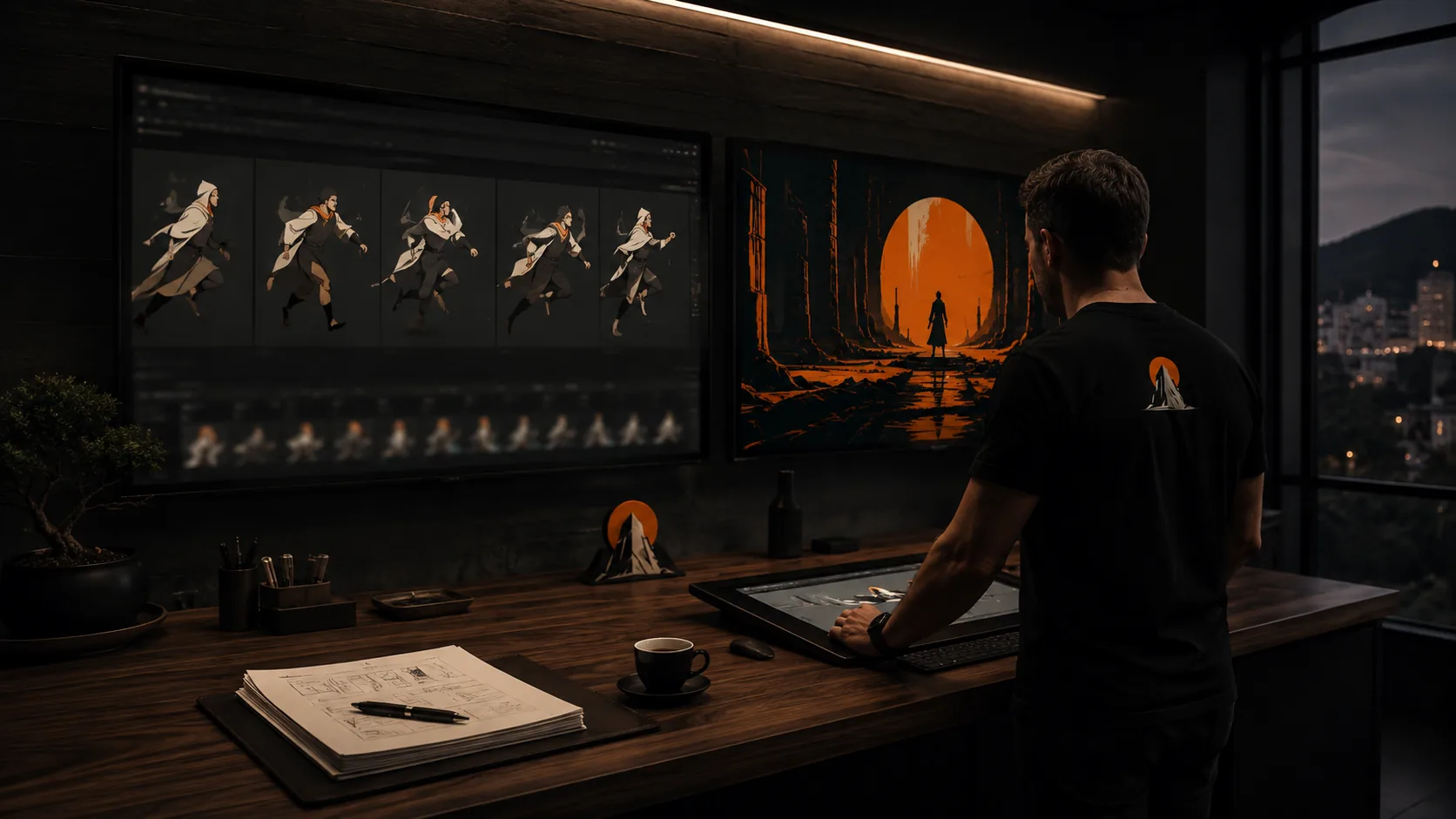 A team member at a dark workstation reviewing character run-cycle sheets on one screen and a sunrise keyframe on another, storyboards on the desk