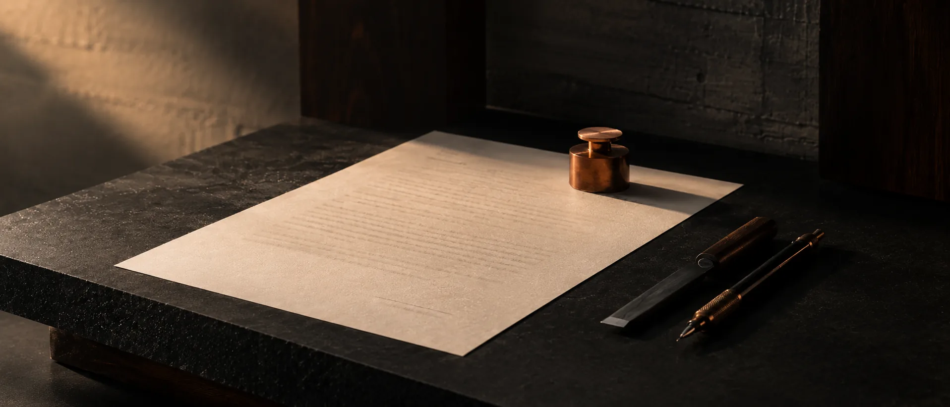 A typed plan under a brass paperweight on the studio's stone desk