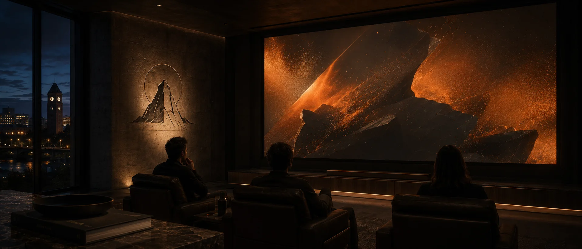 A dark screening room with the Monolith mark on the wall, three viewers watching a molten stone sequence, the Spokane clocktower outside the window