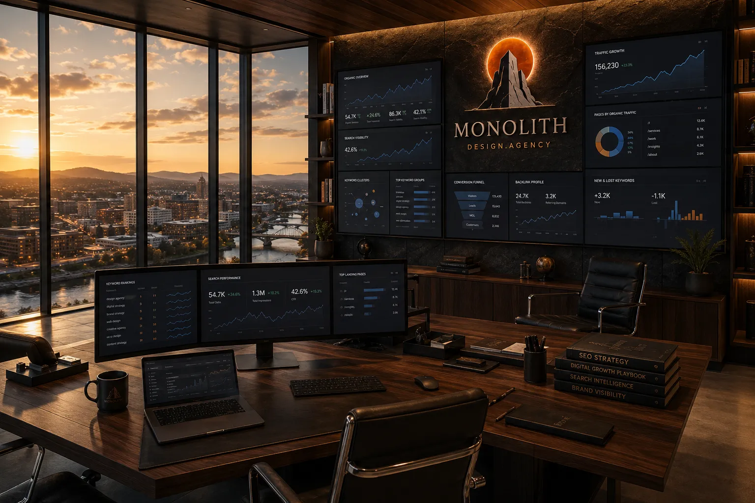 Analytics dashboards glowing at the Monolith studio at dusk