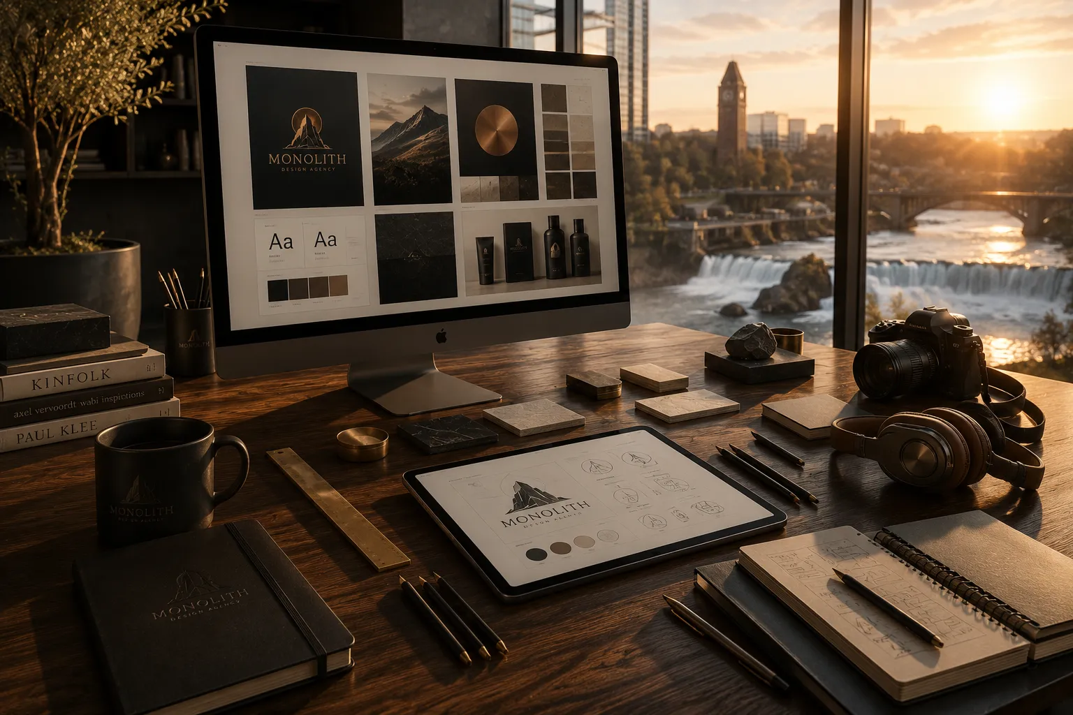 A design desk with brand mood boards, color swatches, and sketches at the Monolith studio