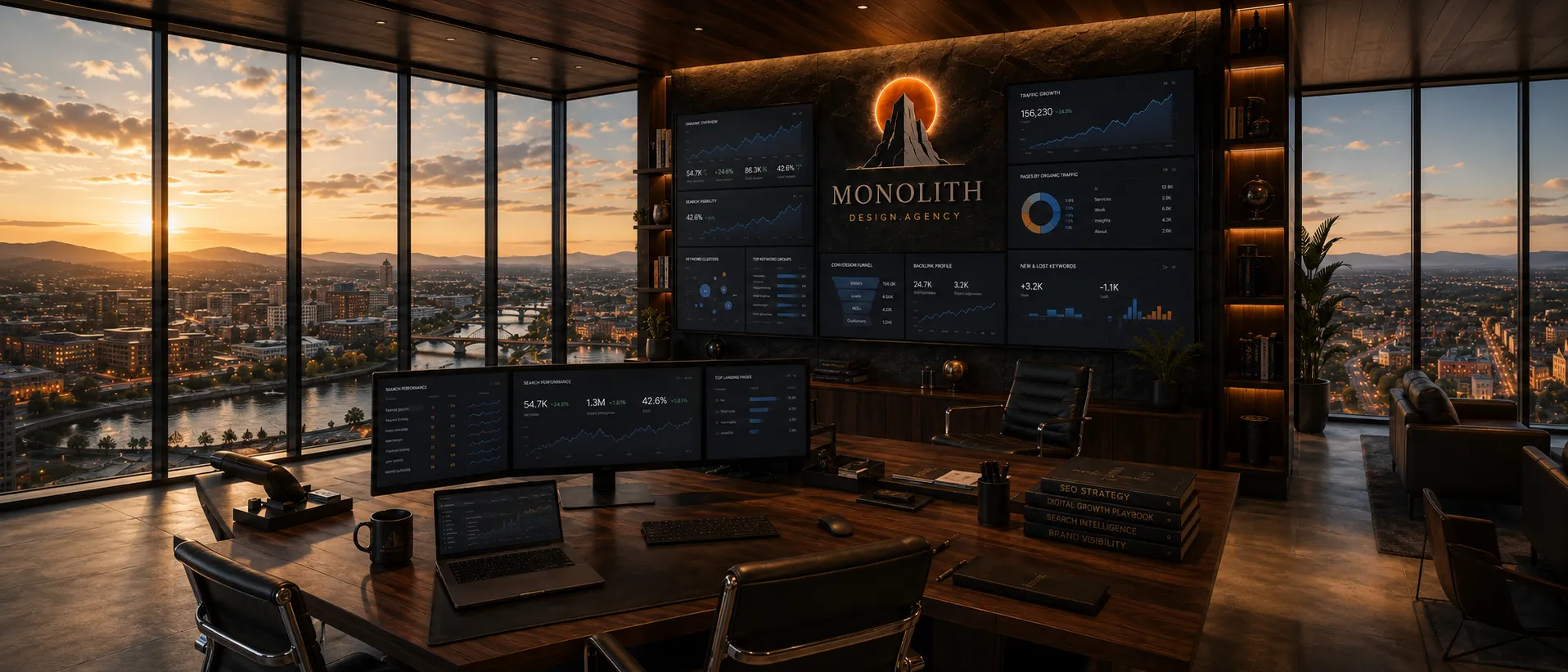 A Monolith workstation at sunset, screens full of work in progress