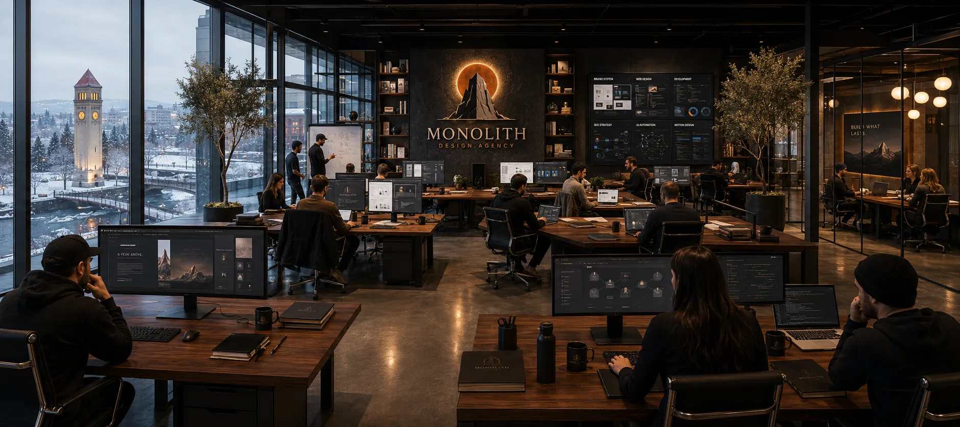 The Monolith studio floor with the Spokane clocktower out the window