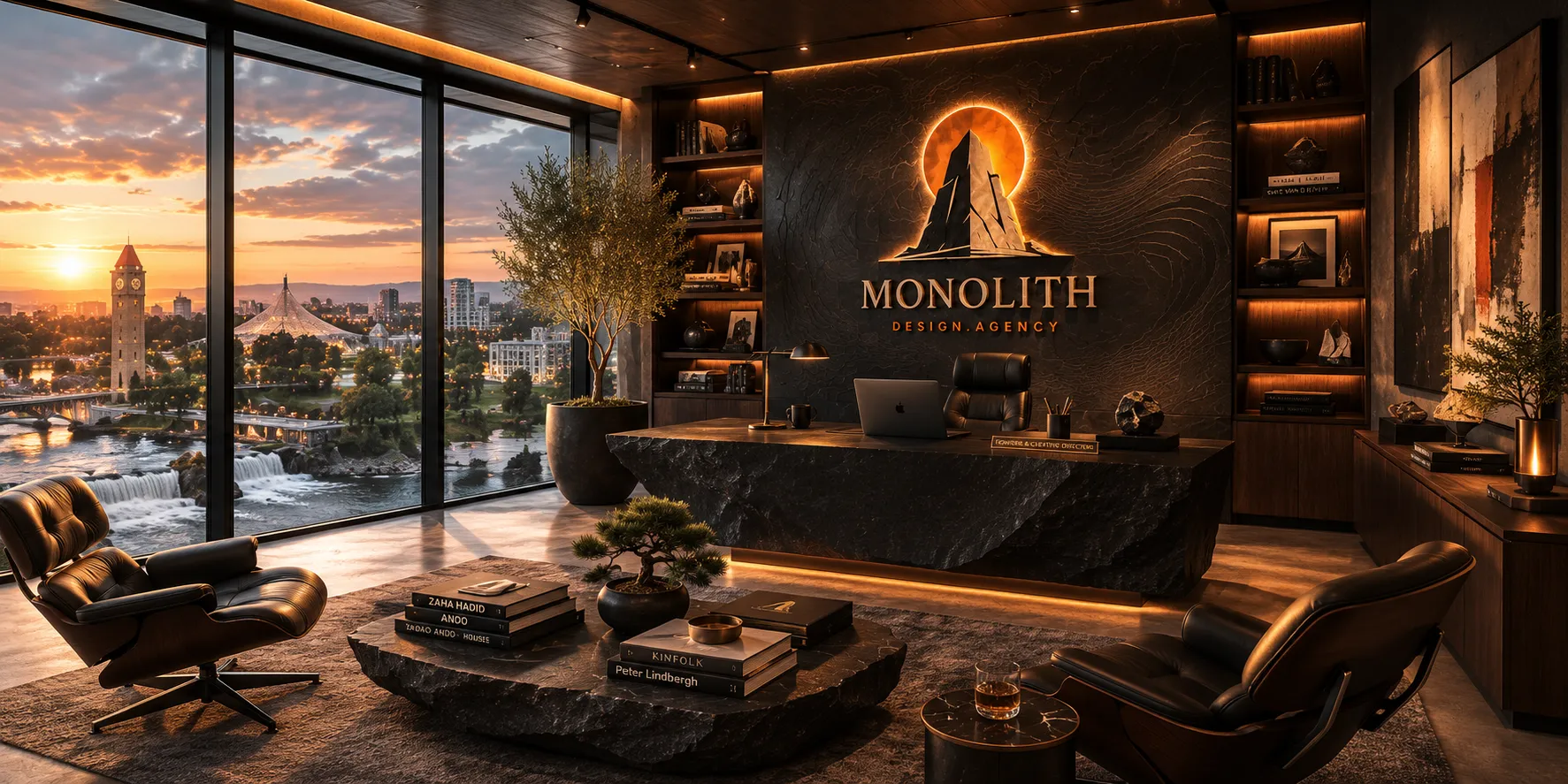 The Monolith lounge at sunset, logo wall glowing