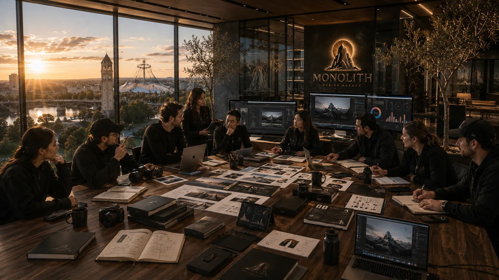 A full team session at the Monolith table at sunset
