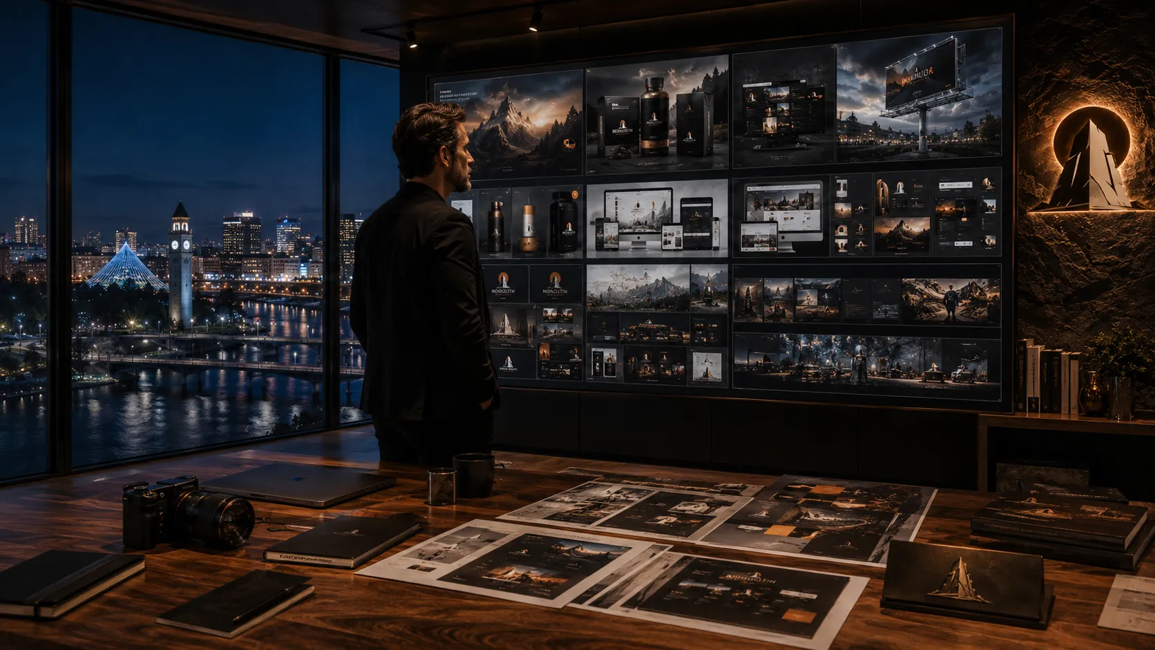 Reviewing the wall of work at the Monolith studio at night