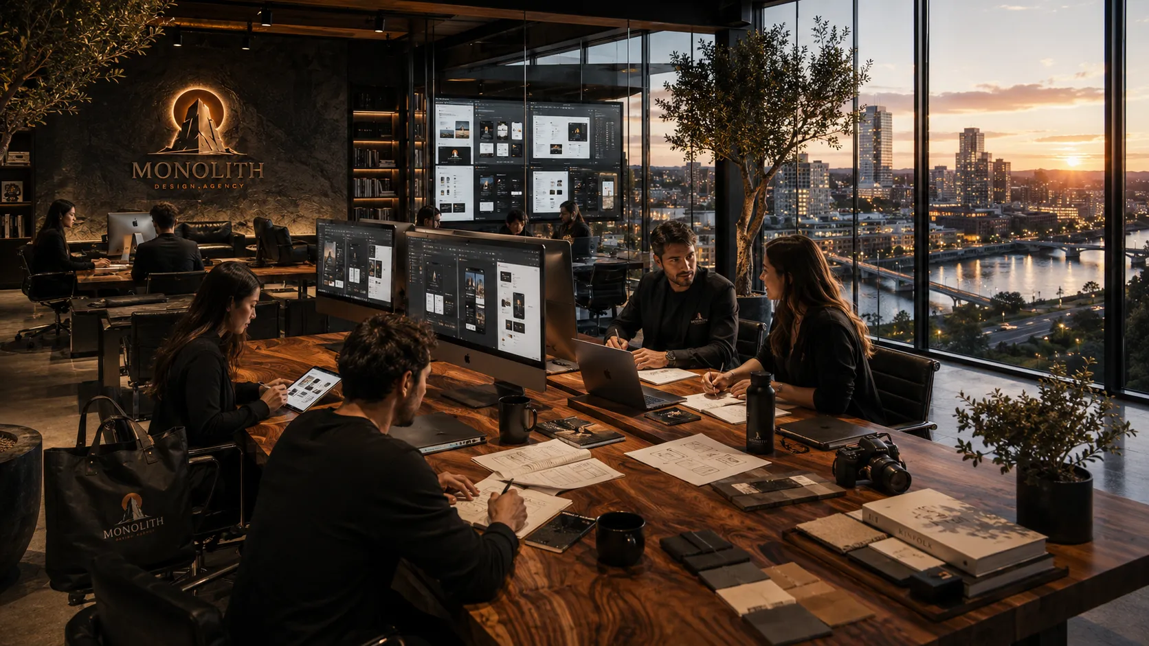 A client sit-down at the Monolith table, logo wall behind