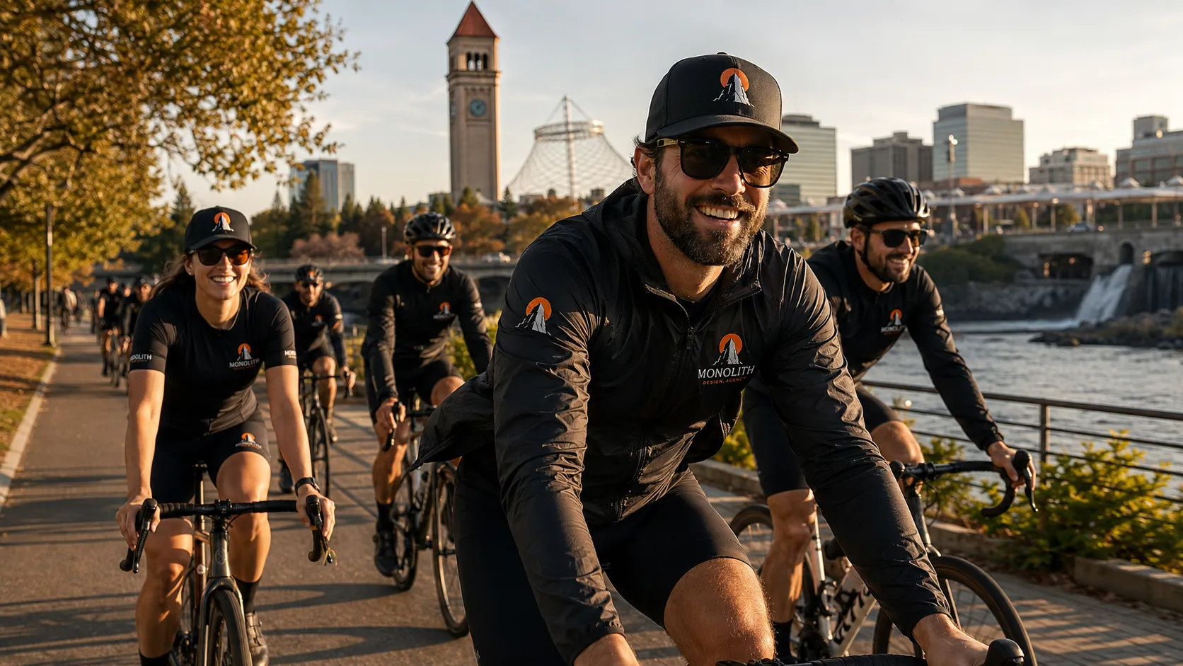 The Monolith team biking past the Spokane clocktower