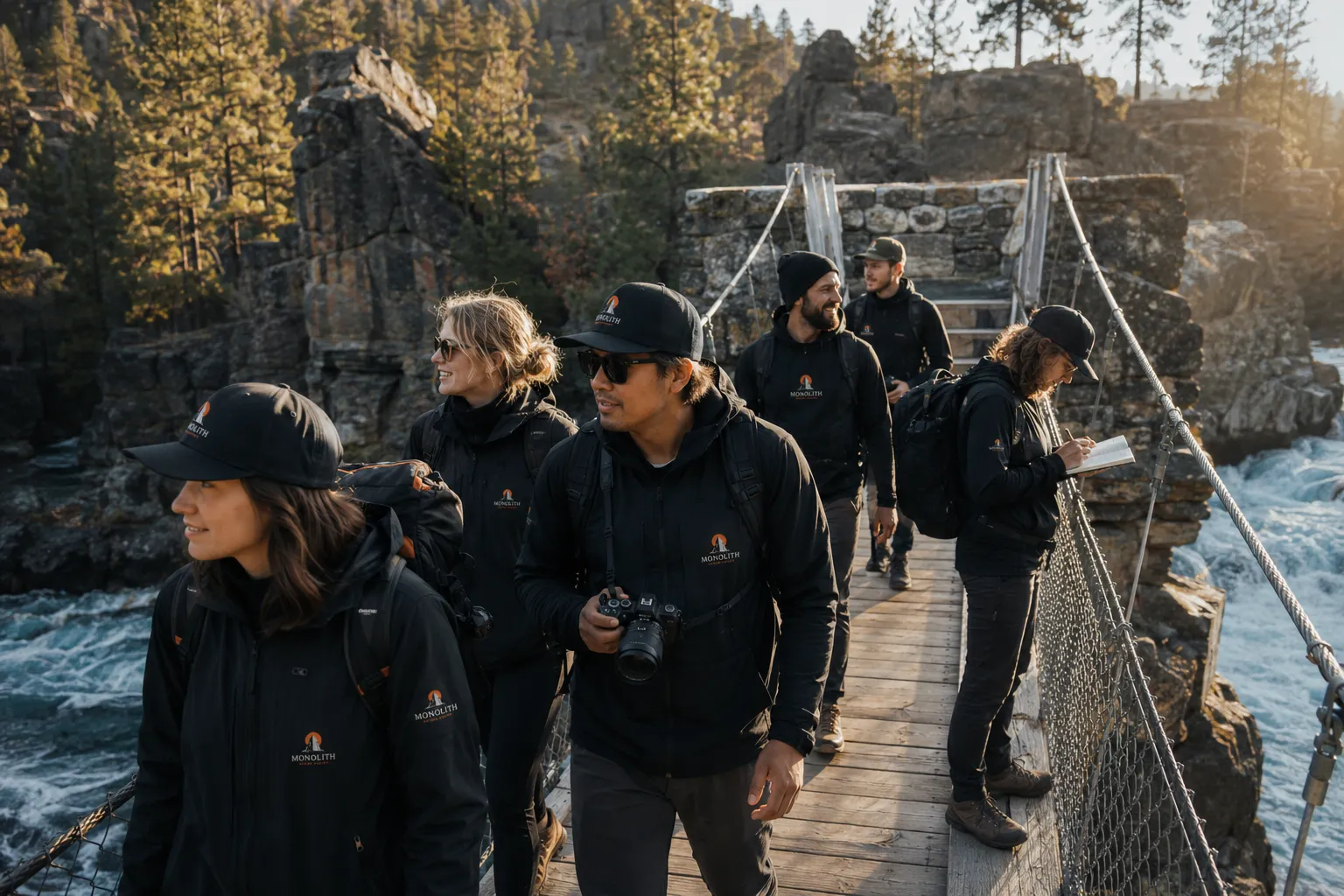 The Monolith team crossing a suspension bridge in the West Plains