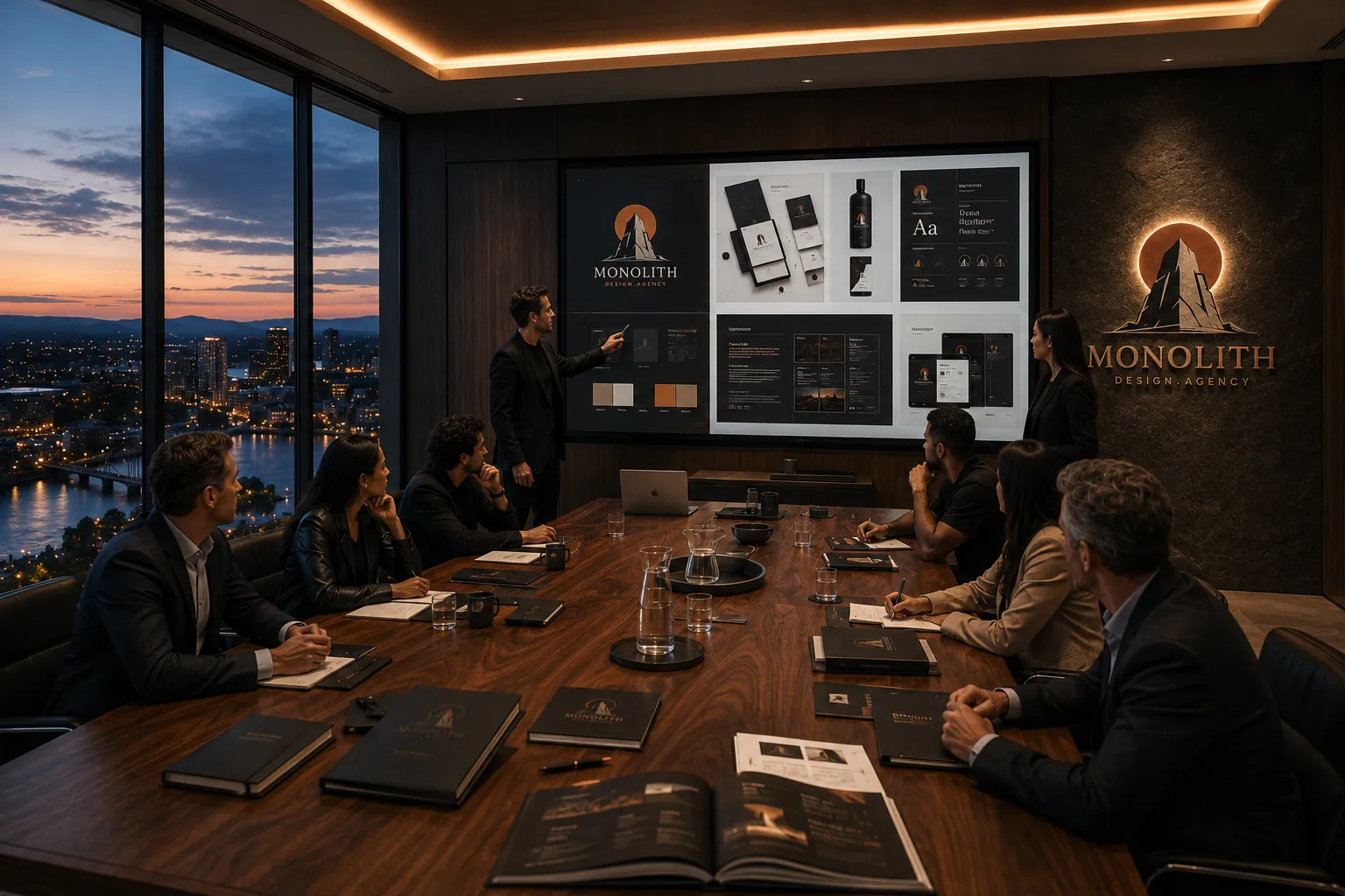 A team session in the Monolith boardroom at dusk
