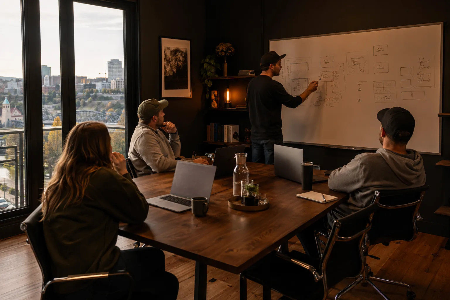 A hands-on AI workshop participant works through an abstract workflow diagram at a whiteboard