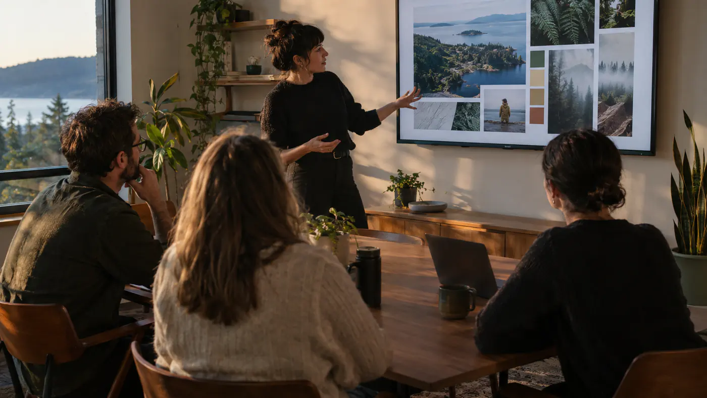 A strategist presents a project plan on a wall screen to a client and two team members