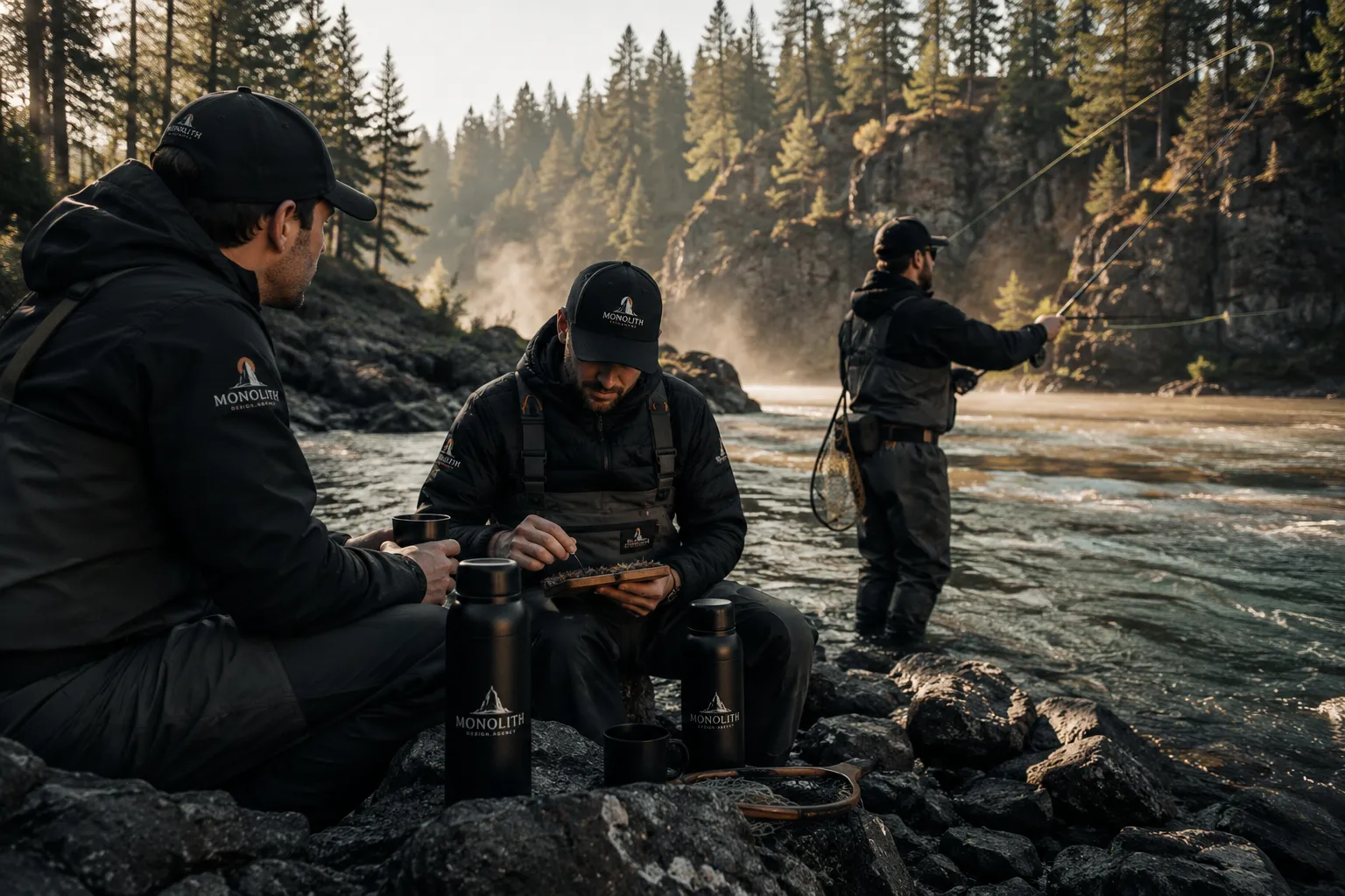 The Monolith team over coffee on the riverbank