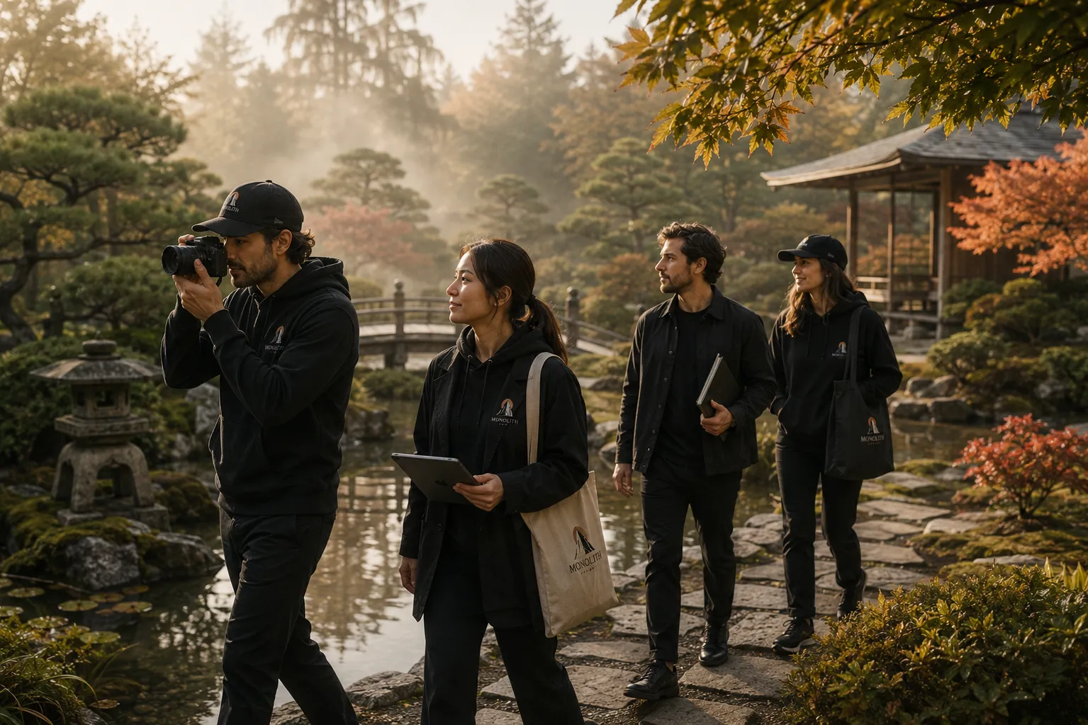 The Monolith team walking through a Spokane garden with cameras
