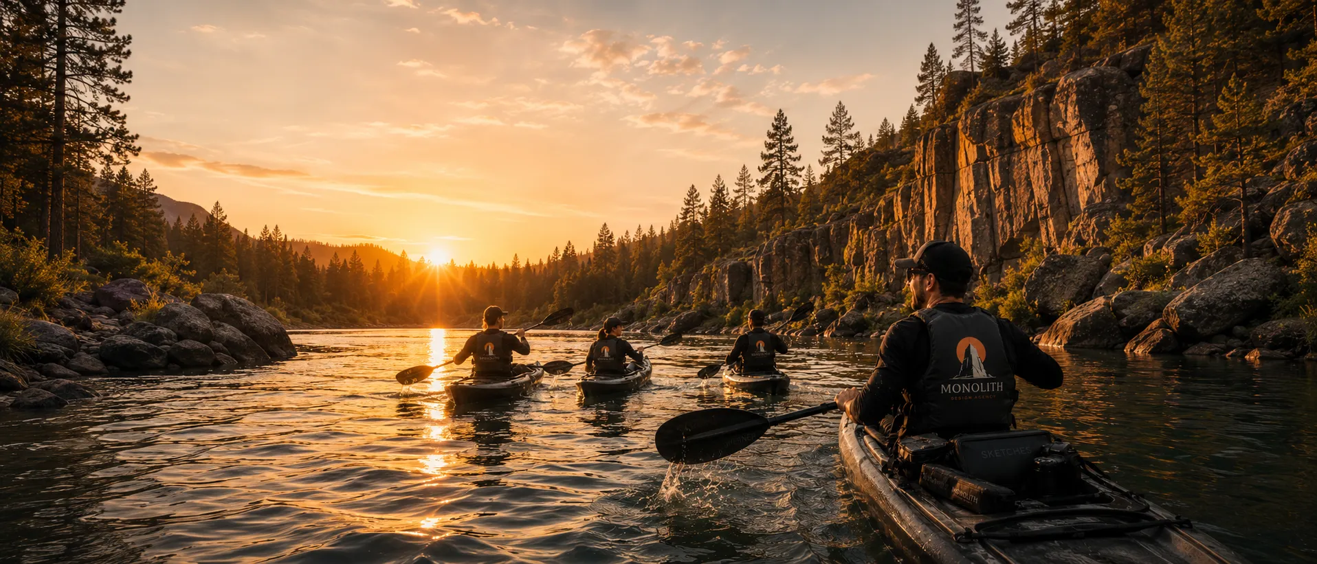 Kayaks on the river at sunset near Liberty Lake