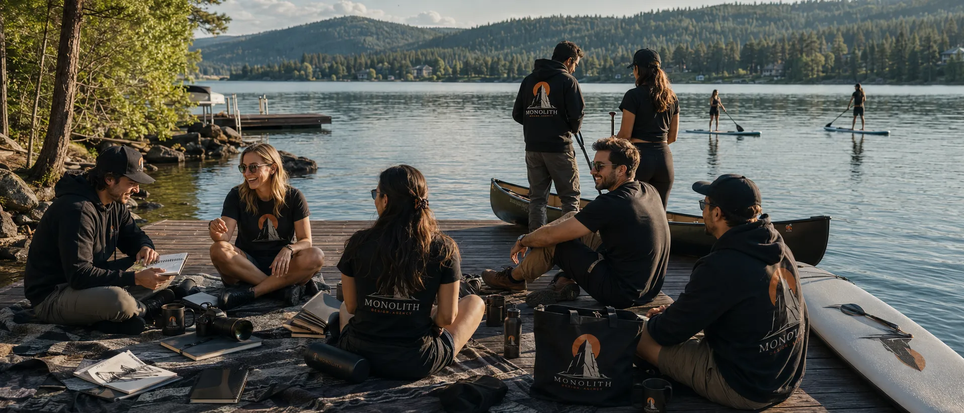 The Monolith team on a lake dock at Coeur d'Alene