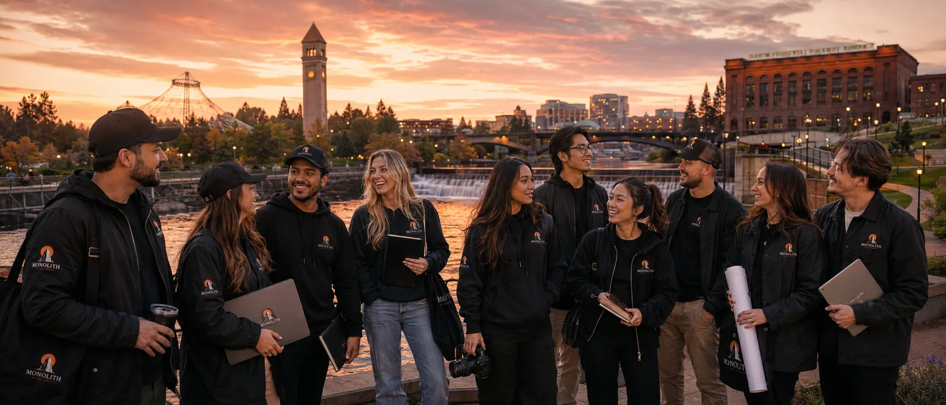 The Monolith team shooting content in downtown Spokane at sunset